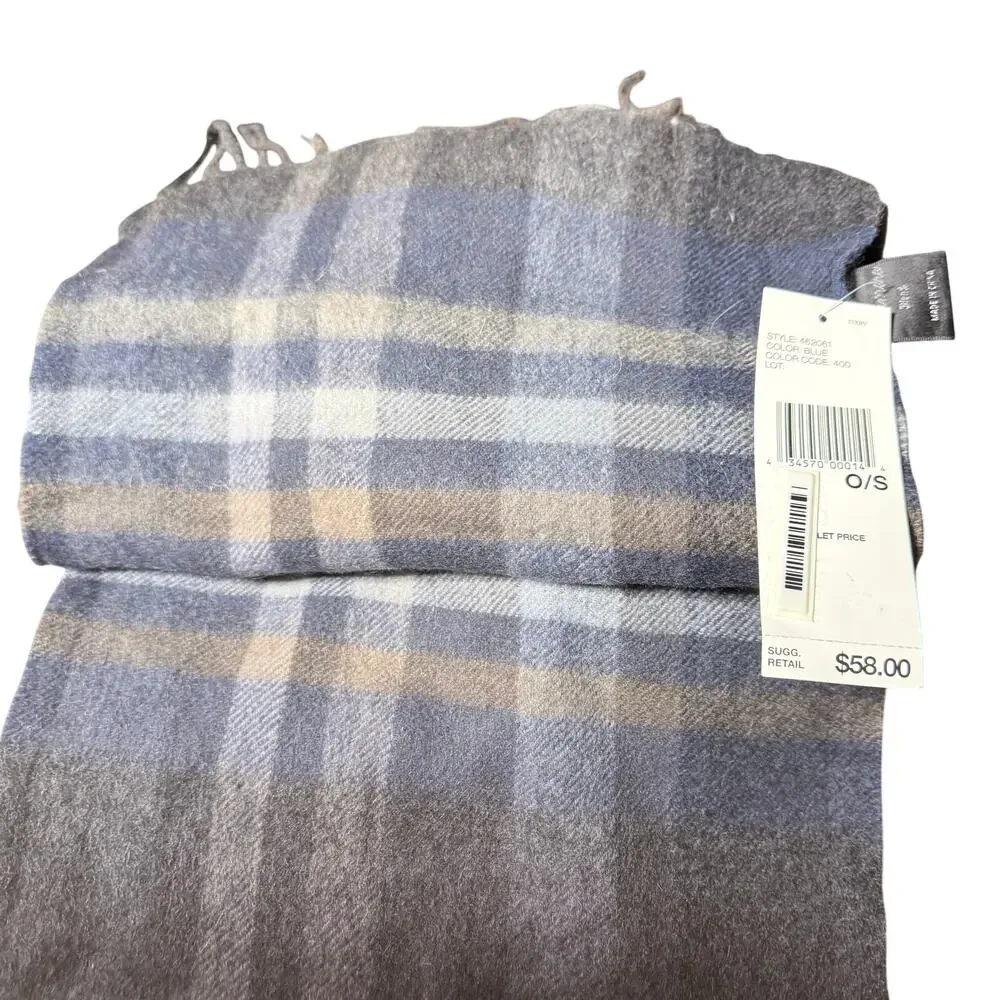 DKNY Luxury Blue/Gray  Plaid Scarf - 90% Wool 10% Cashmere - Made in Italy NWT